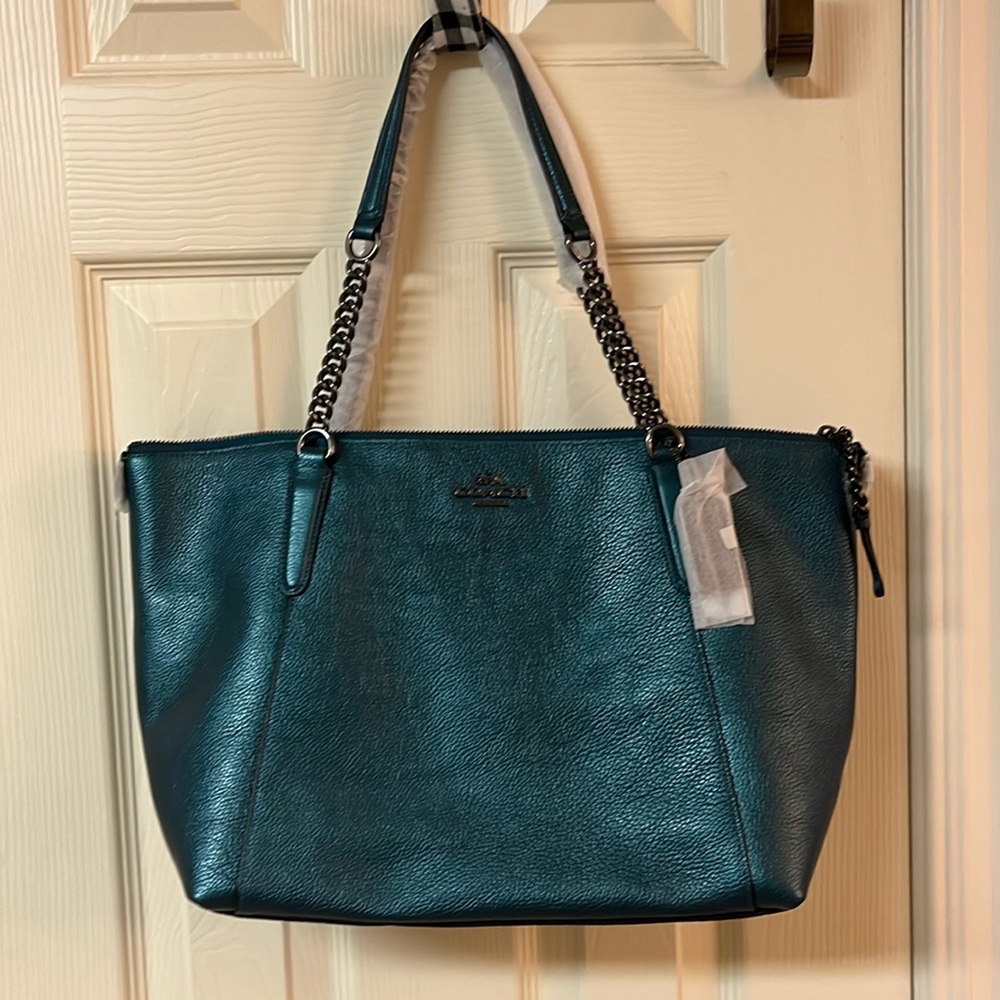 NWT Coach Dark Metallic Teal Ava Chain Tote